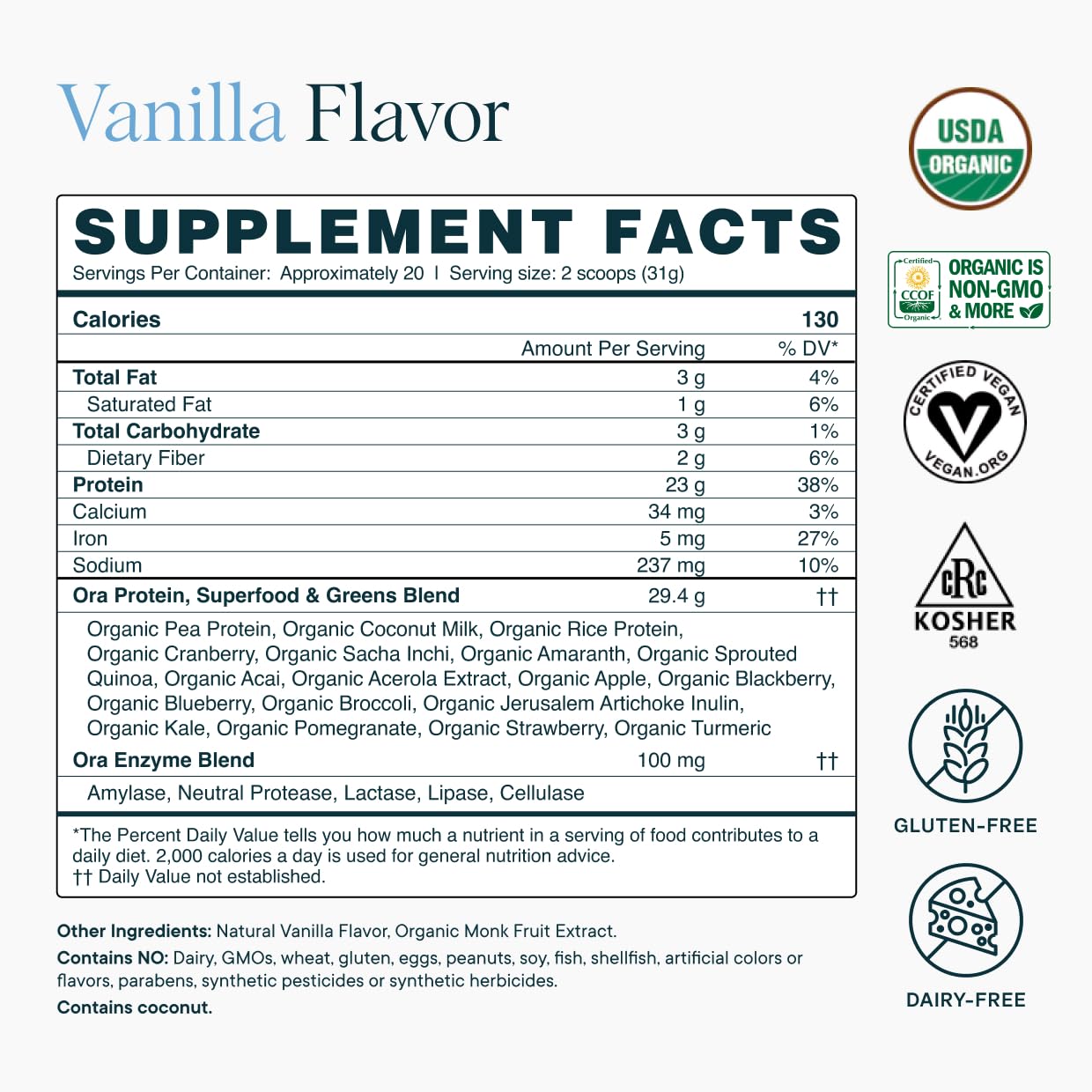 Ora Organic vanilla protein glass with fruit demonstrates versatile serving ideas.