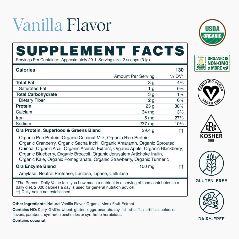 Ora Organic vanilla protein glass with fruit demonstrates versatile serving ideas.