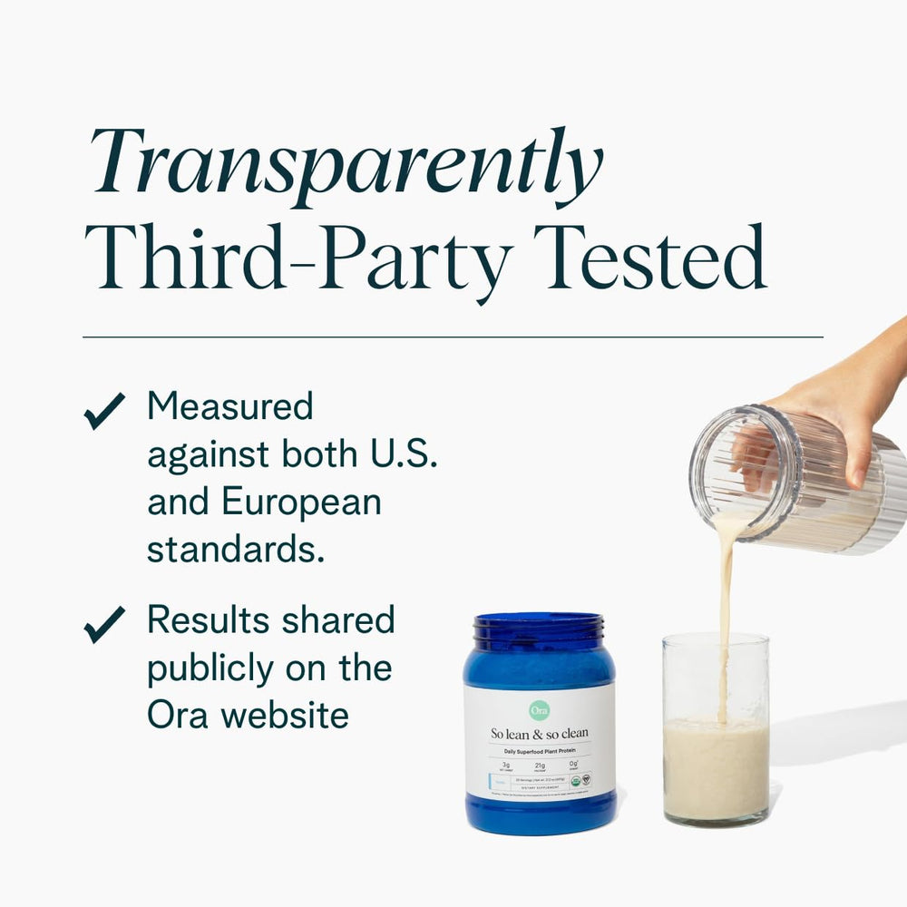 Ora Organic vanilla protein label confirms organic ingredients and gluten-free claims.