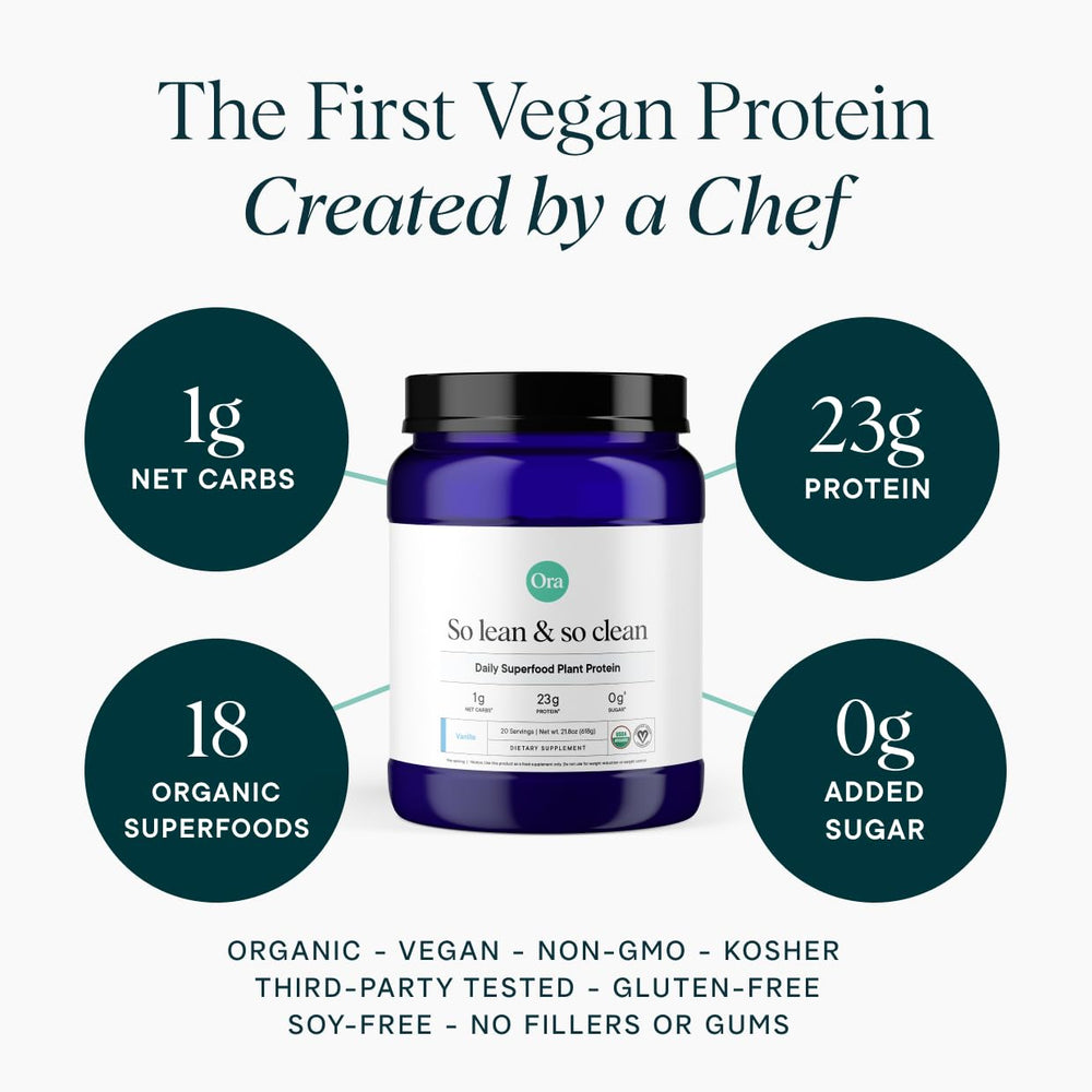 Ora Organic vanilla protein scoop measures servings for easy use in shakes.