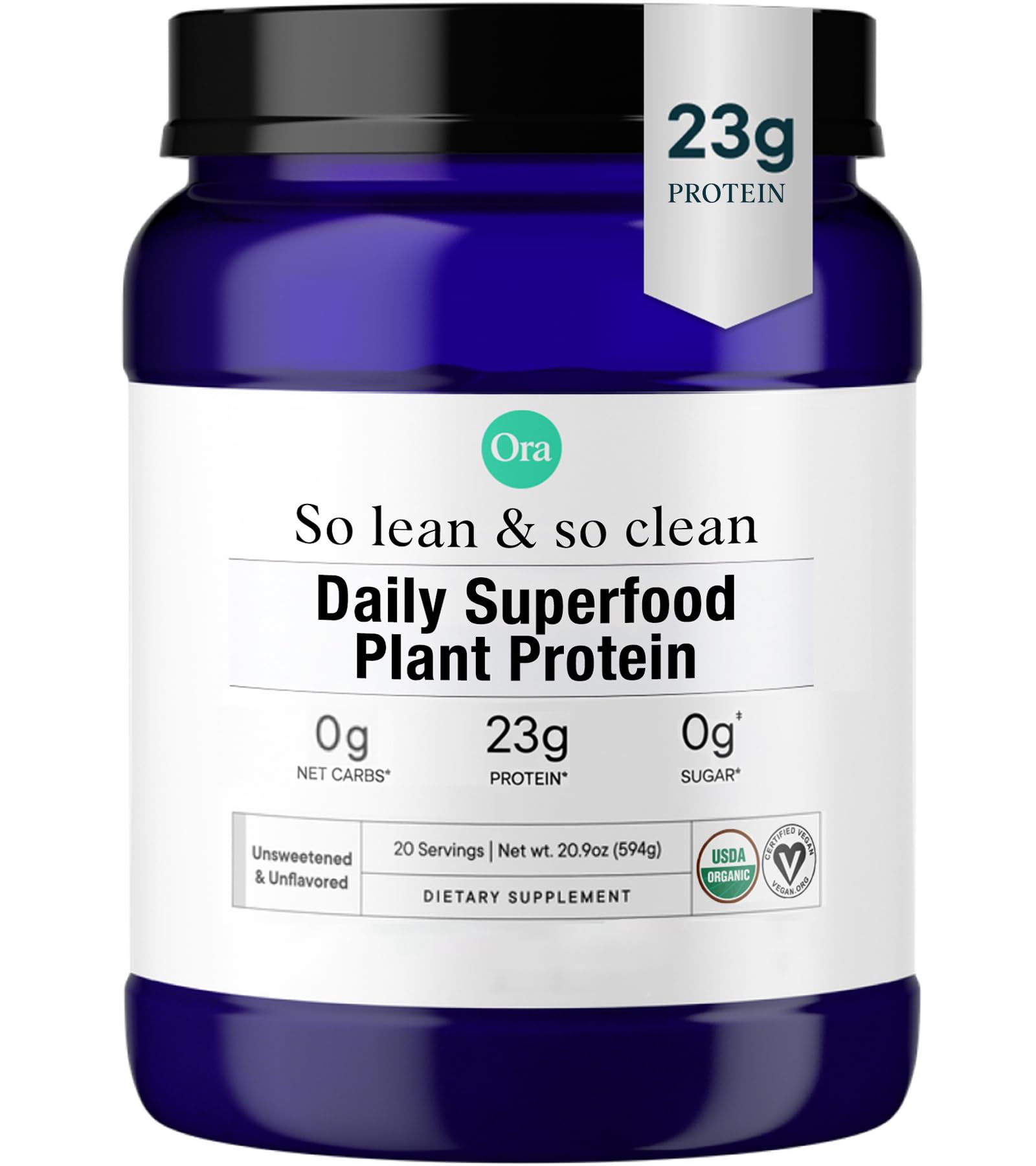 Ora Organic vegan protein powder tub front view for clean post-workout fuel
