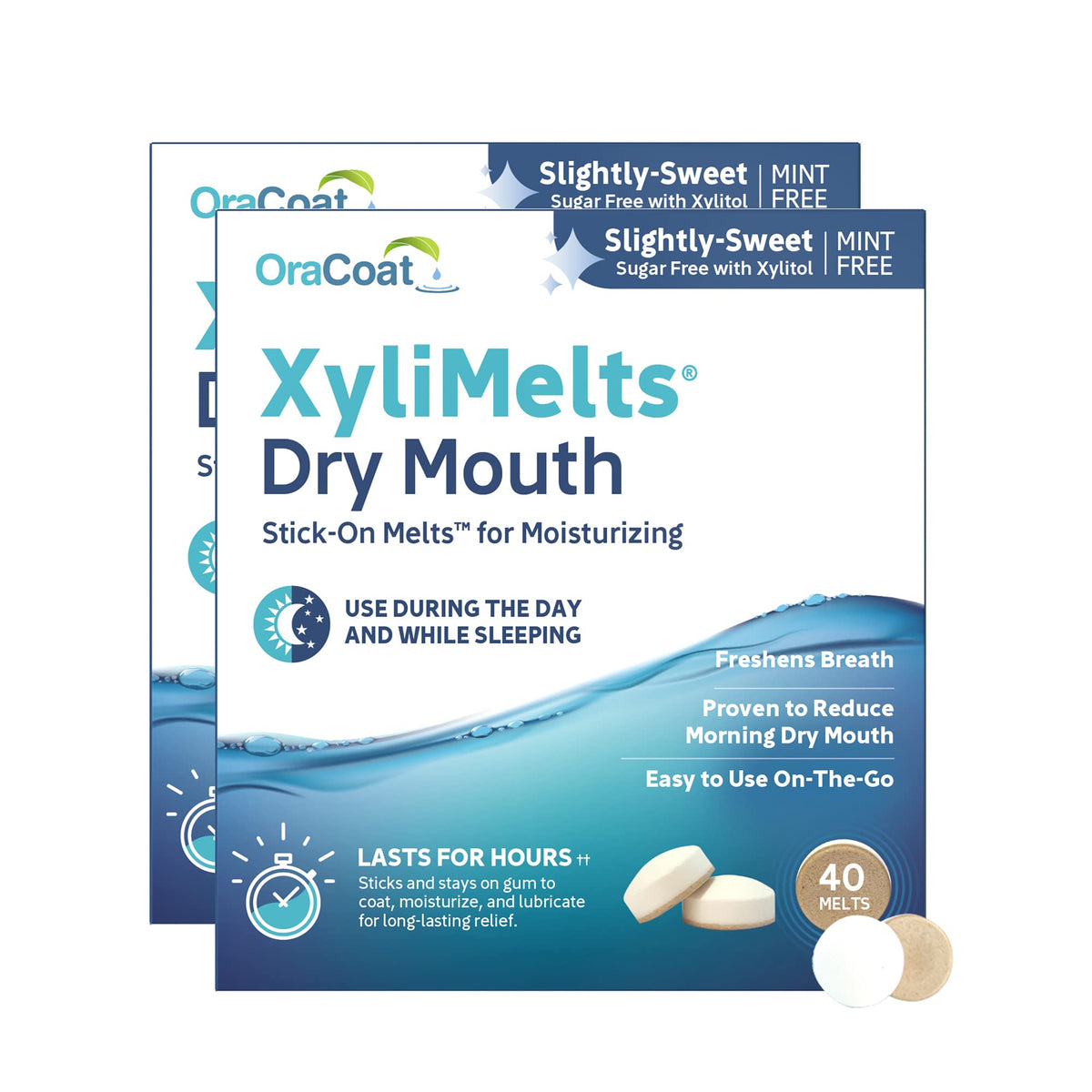 Oracoat XyliMelts disc on teeth delivering long lasting moisture and soothing relief.