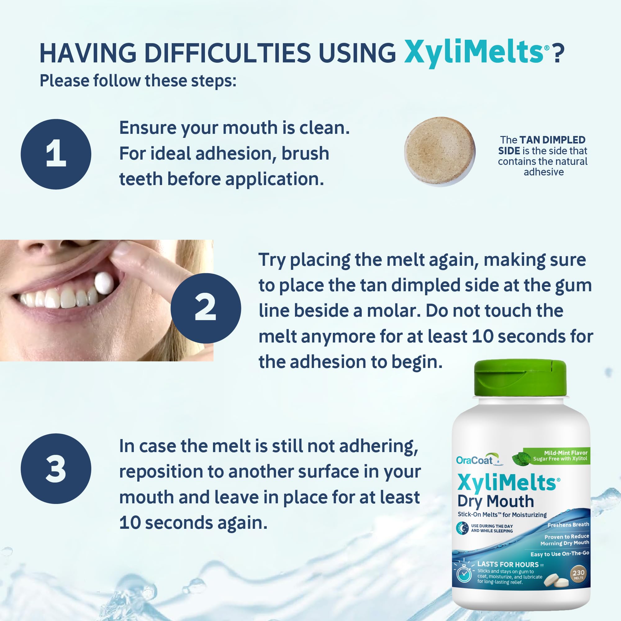 Oracoat XyliMelts dissolving on gums to soothe dry mouth