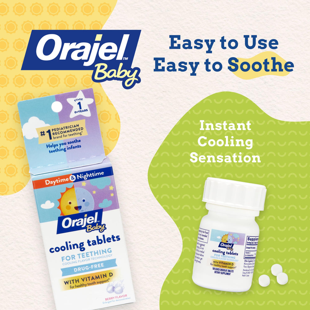 Orajel Baby Cooling Tablets in hand showing daily teething support and dosing