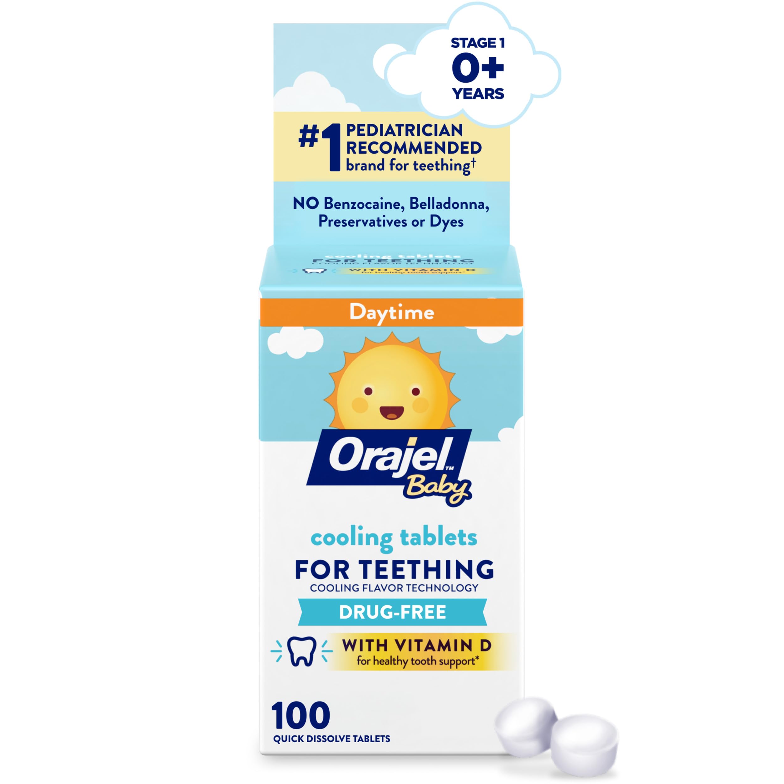 Orajel Baby Cooling Tablets packaging highlighting Vitamin D and instant cooling for teething relief