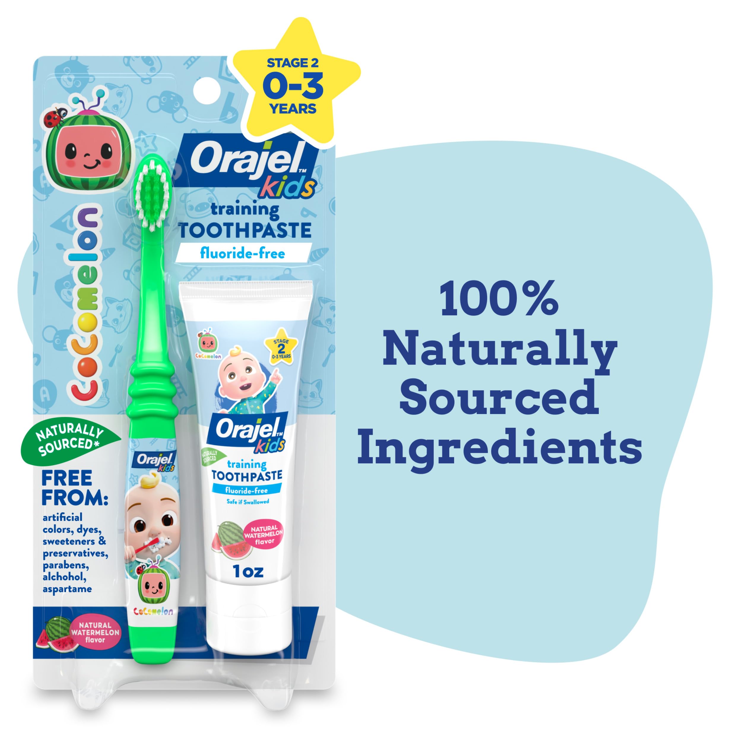 A smiling child after brushing with Orajel Kids CoComelon set.