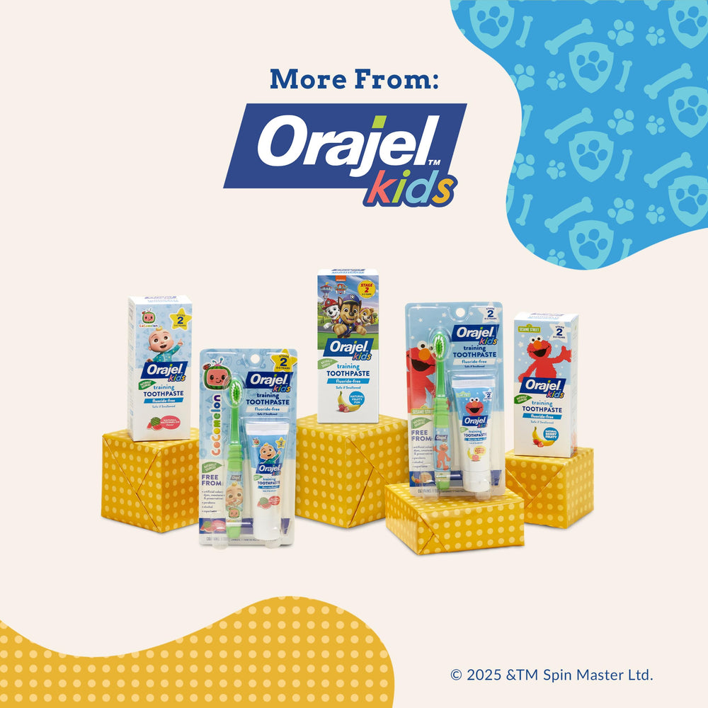 Graphic showing 100% naturally sourced ingredients in Orajel CoComelon paste.