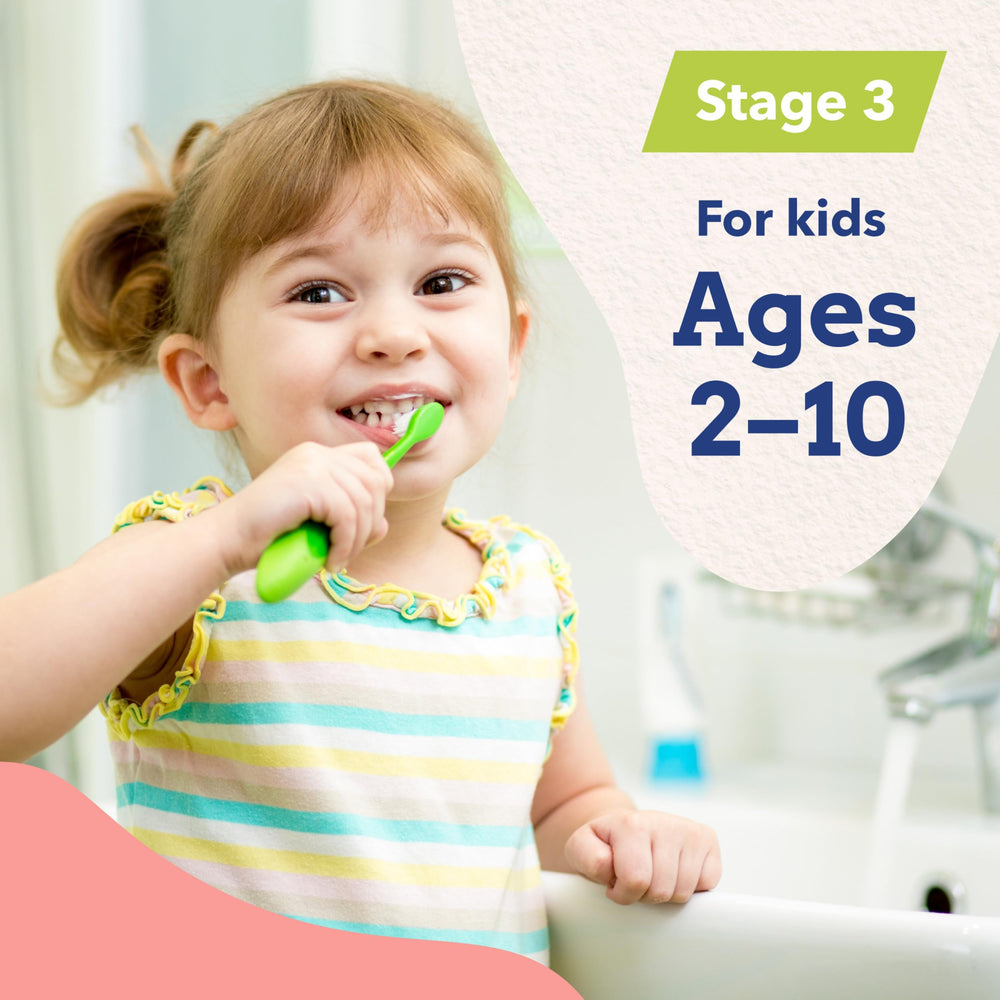 Safety label emphasizing swallow-safe fluoride-free toothpaste for careful use.