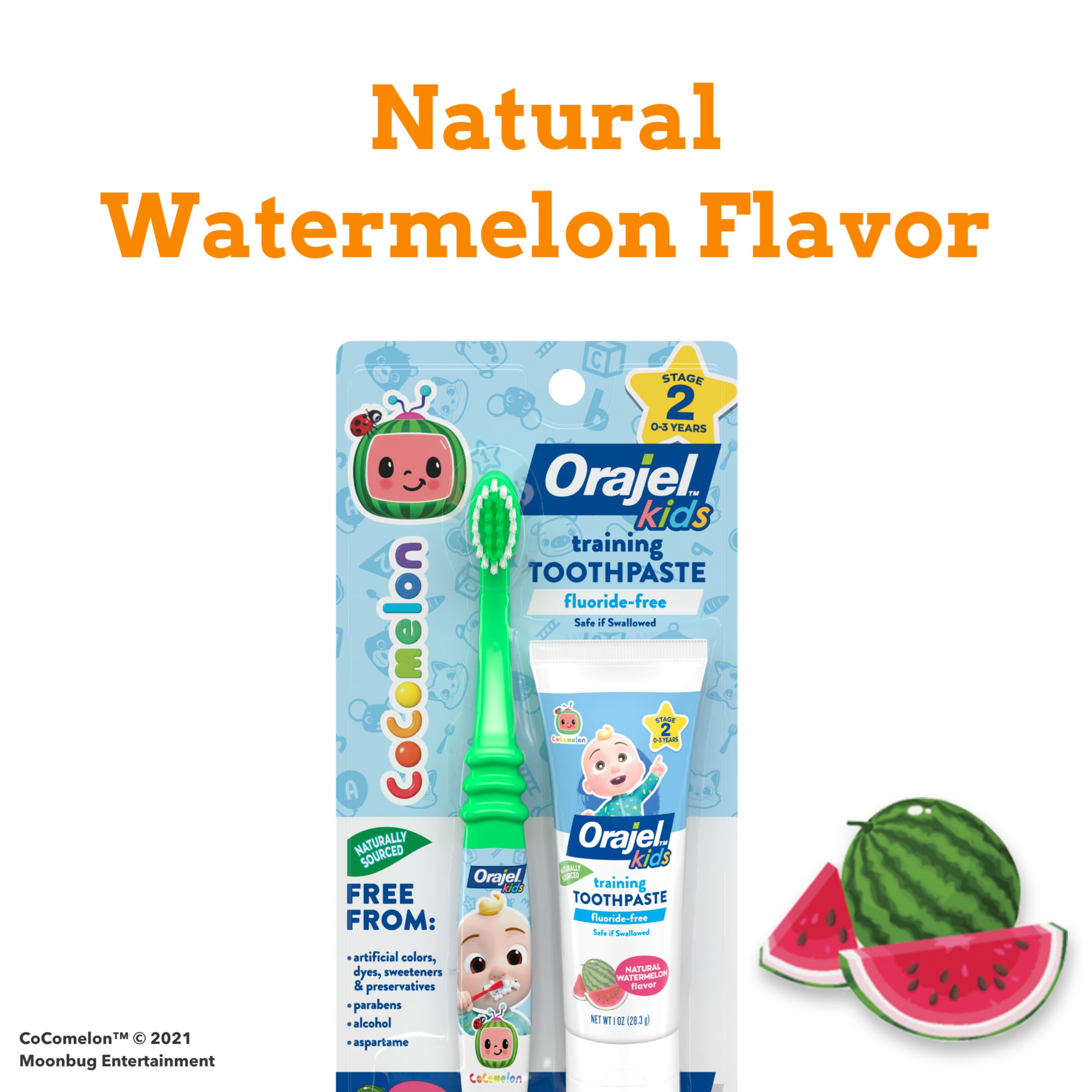 Close-up of Orajel CoComelon watermelon flavor toothpaste appealing to kids.