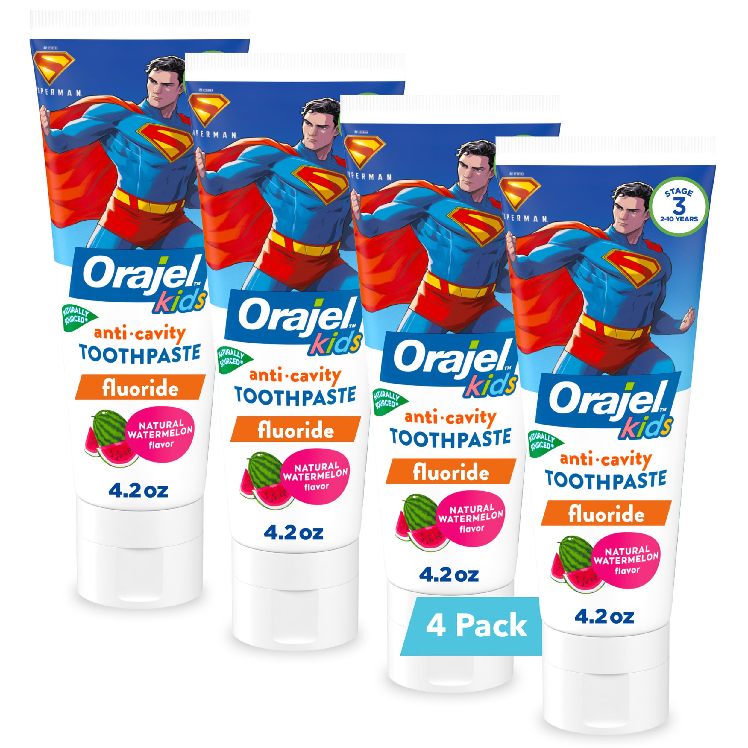 Orajel Kids Superman toothpaste tube close-up showing fluoride protection against cavities.
