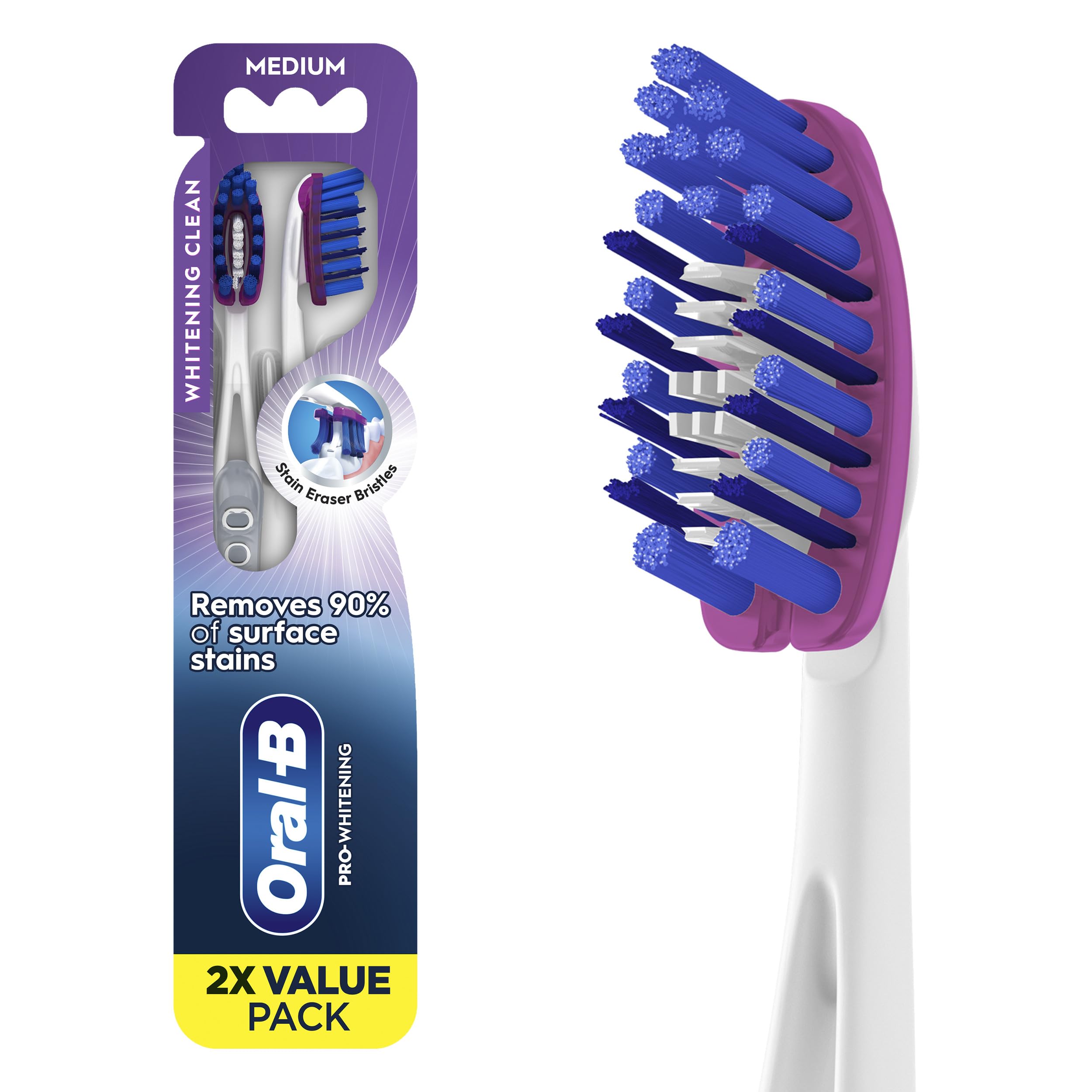 Oral-B 3D White deep stain remover toothbrushes box for whitening daily use.