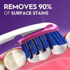 Oral-B 3D White brush head close-up highlighting stain eraser action.