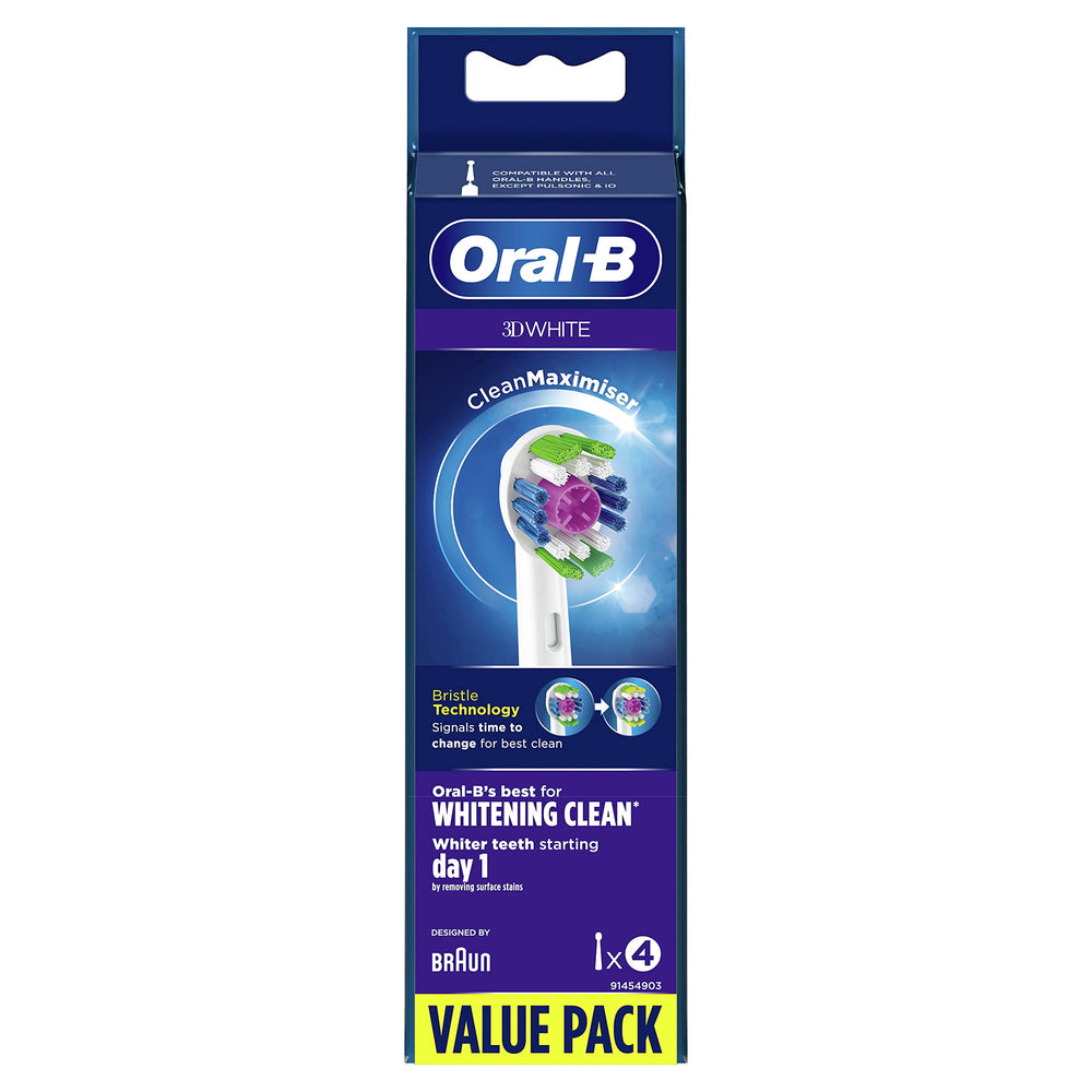 Oral-B 3D White head angled bristles reach along gumline for deeper cleaning.