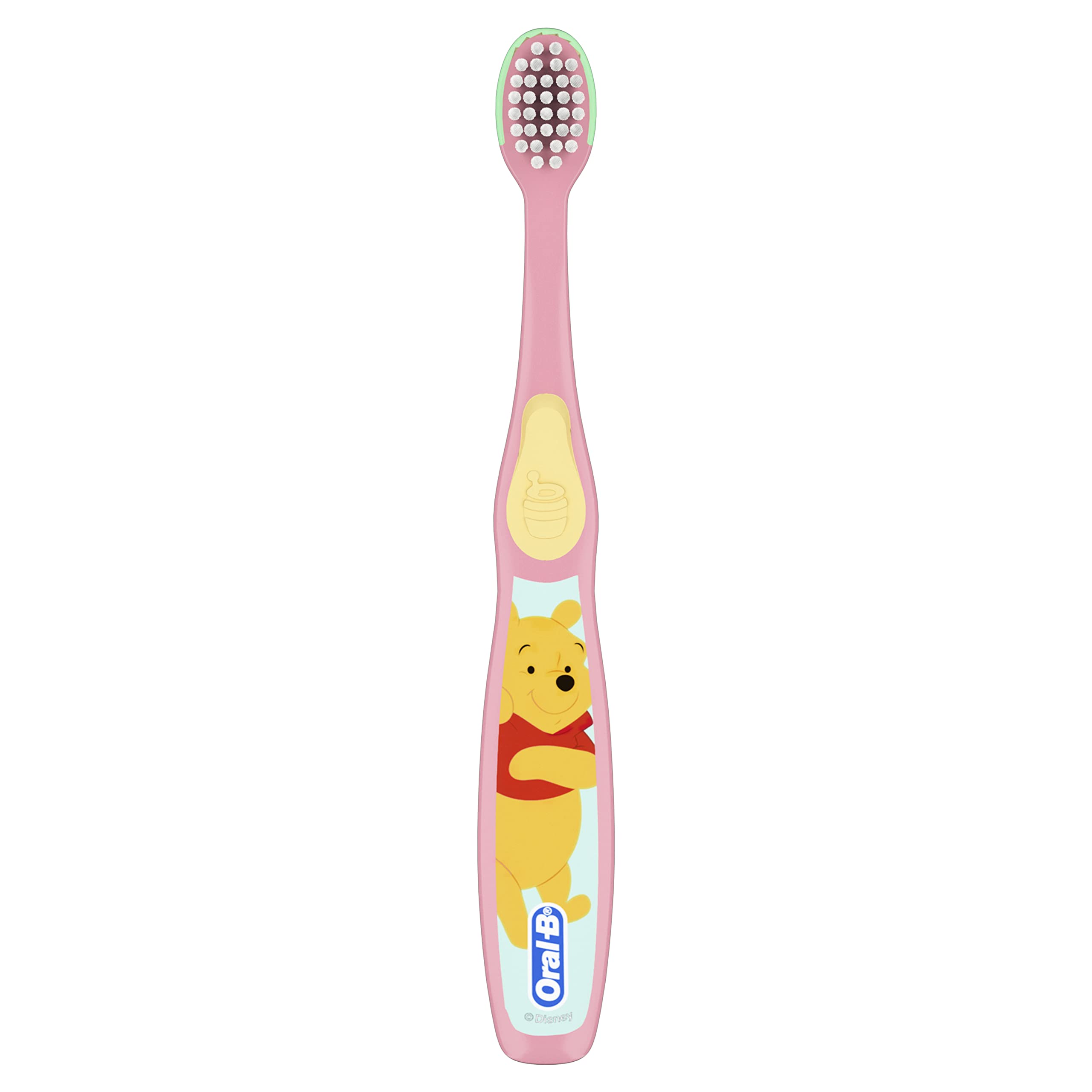 Oral-B Pooh toothbrush offers gentle massaging action for delicate teeth.