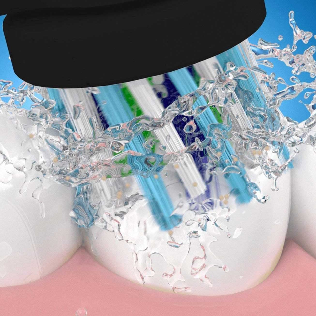 Oral-B CrossAction head black angled bristles indicate deep reach in brushing