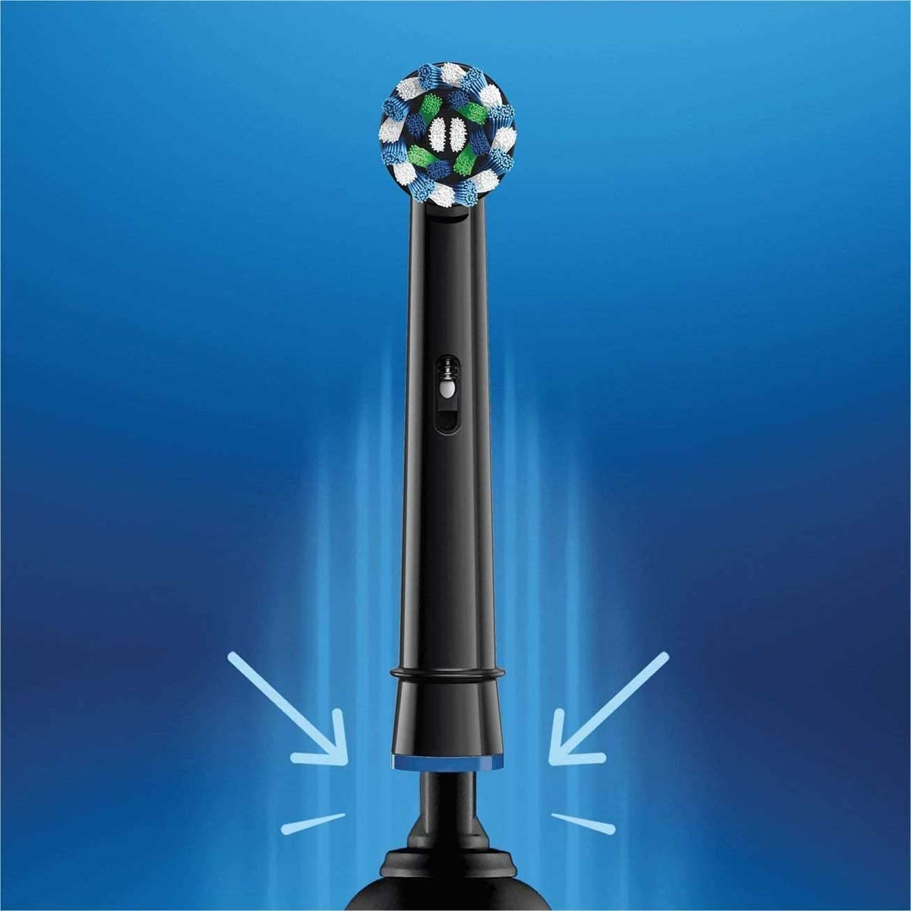 Oral-B CrossAction head black packaging highlighting a 4-head pack