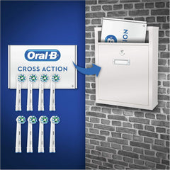 Oral-B CrossAction heads reaching between teeth for deeper plaque targeting.