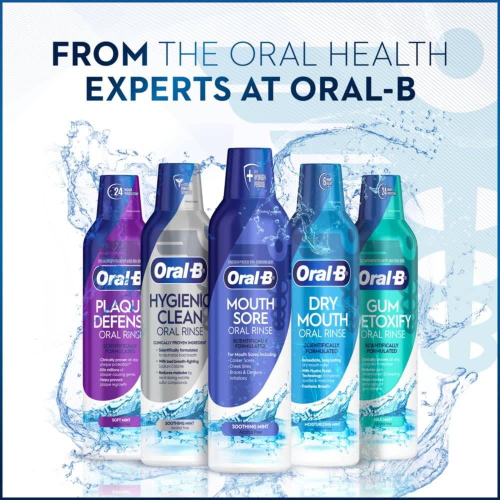 Oral-B dry mouth rinse on bathroom shelf for easy access