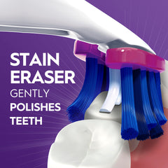 Oral-B dual-flex head on teeth demonstrates contour cleaning.