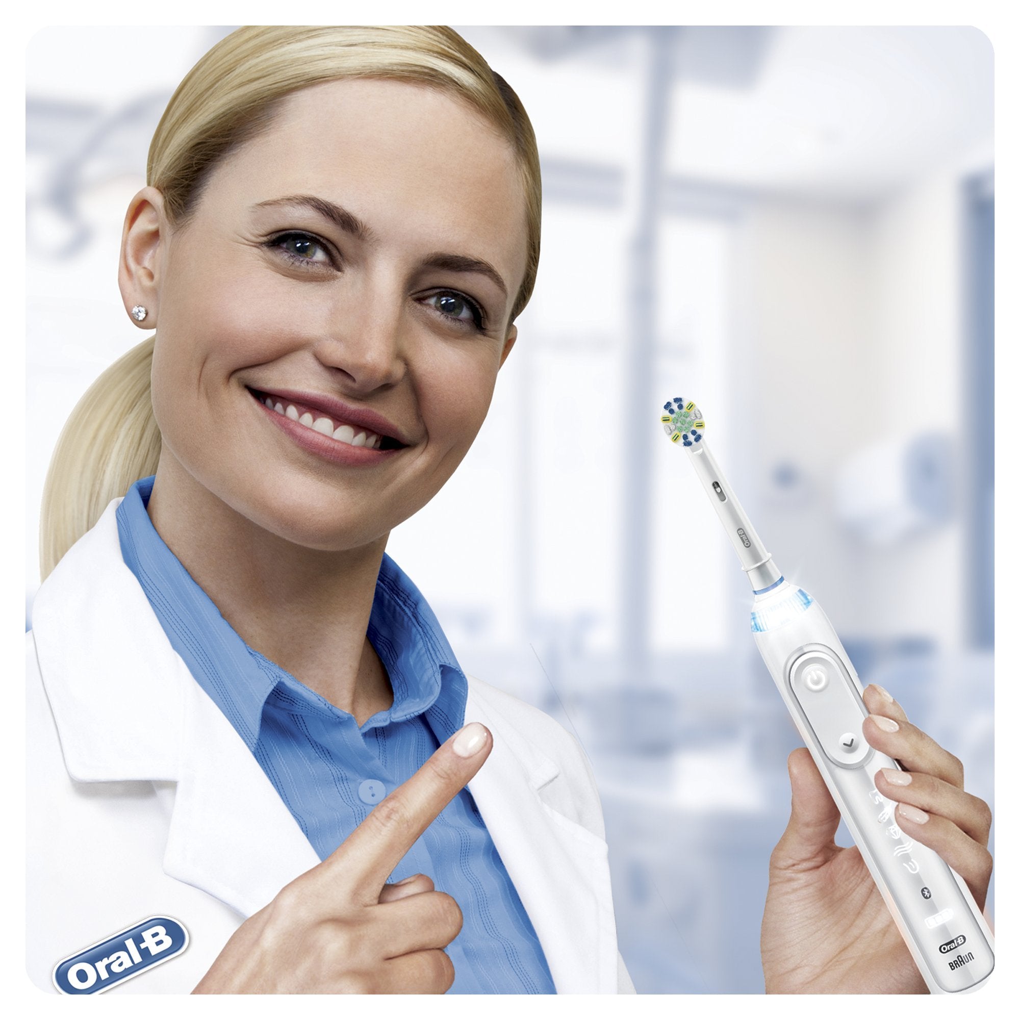 Oral-B Floss Action head packaging shows a four-pack replacement option.