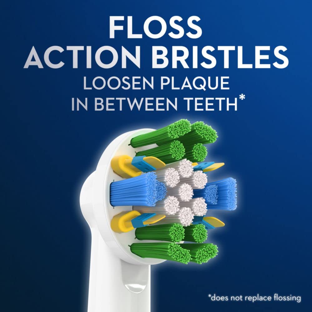 Oral-B FlossAction head close-up showing bristles designed to clean between teeth.