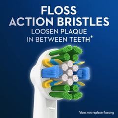 Oral-B FlossAction head close-up showing bristles designed to clean between teeth.