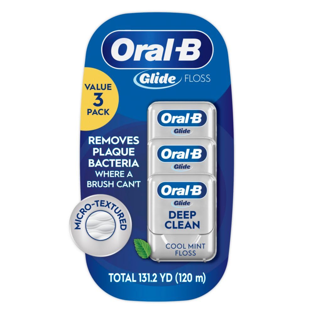 Oral-B Glide Deep Clean floss packaging showing three 40 m packs for a complete routine