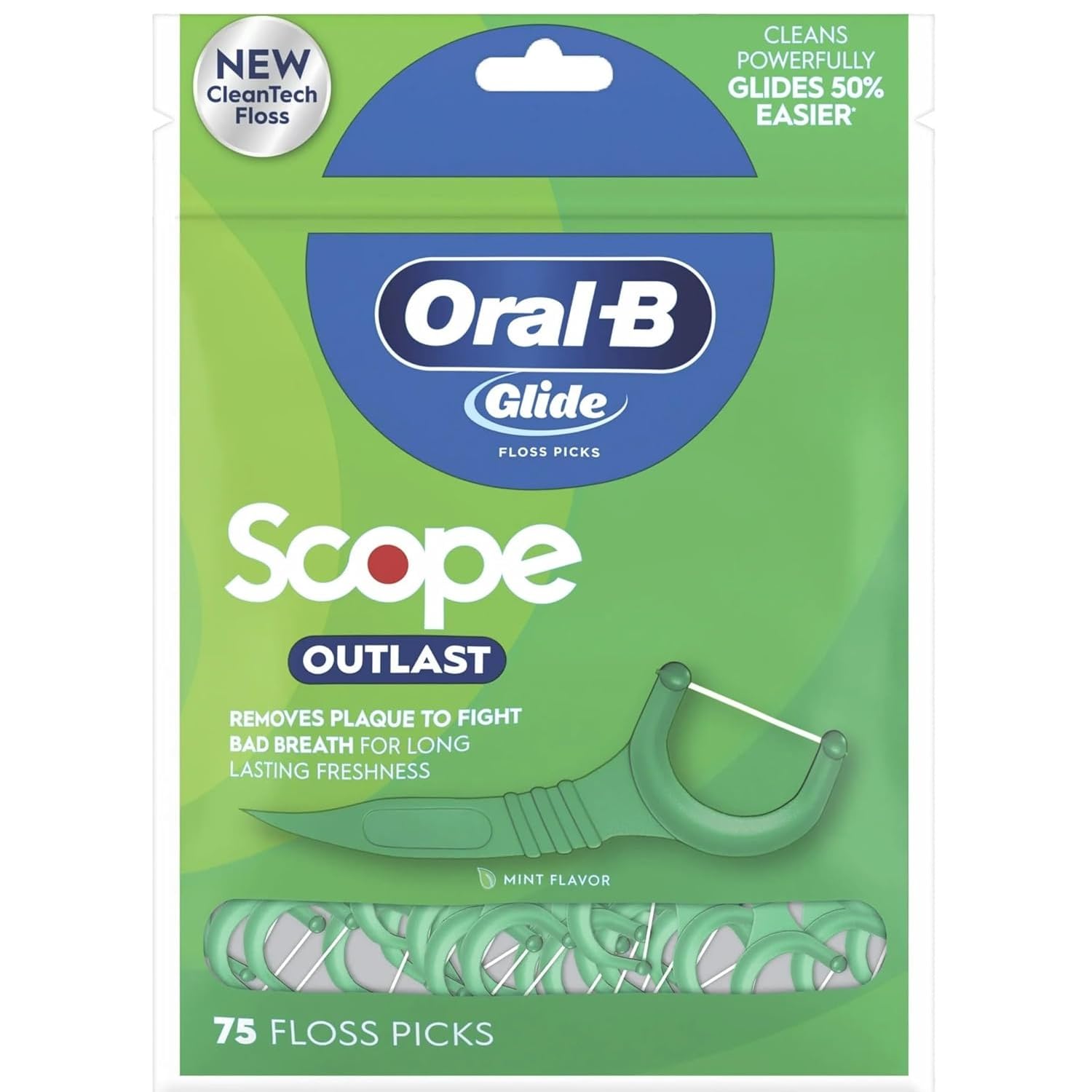 Oral-B Glide Floss Picks Scope Outlast packaging in mint flavor; six-pack for easy restocking.