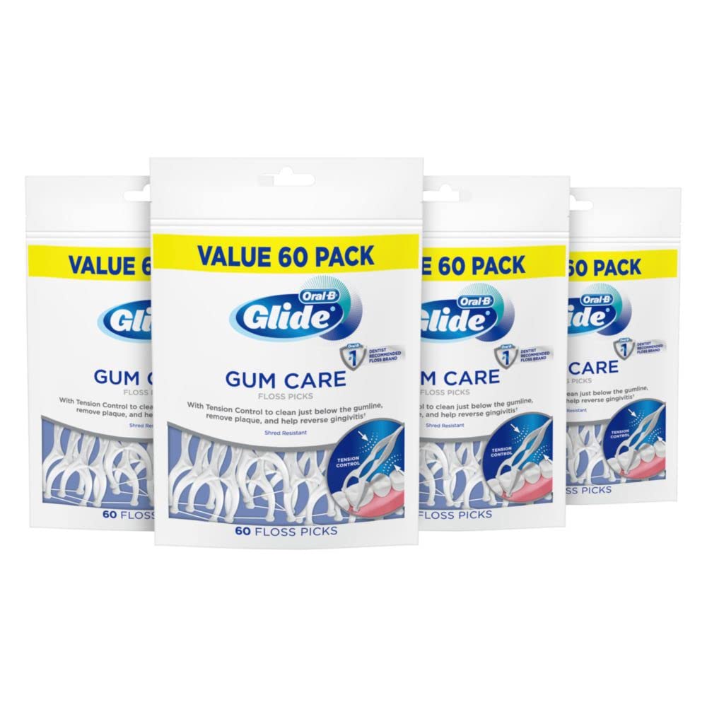 Oral-B Glide Gum Care floss picks with tension control clean beneath the gum line