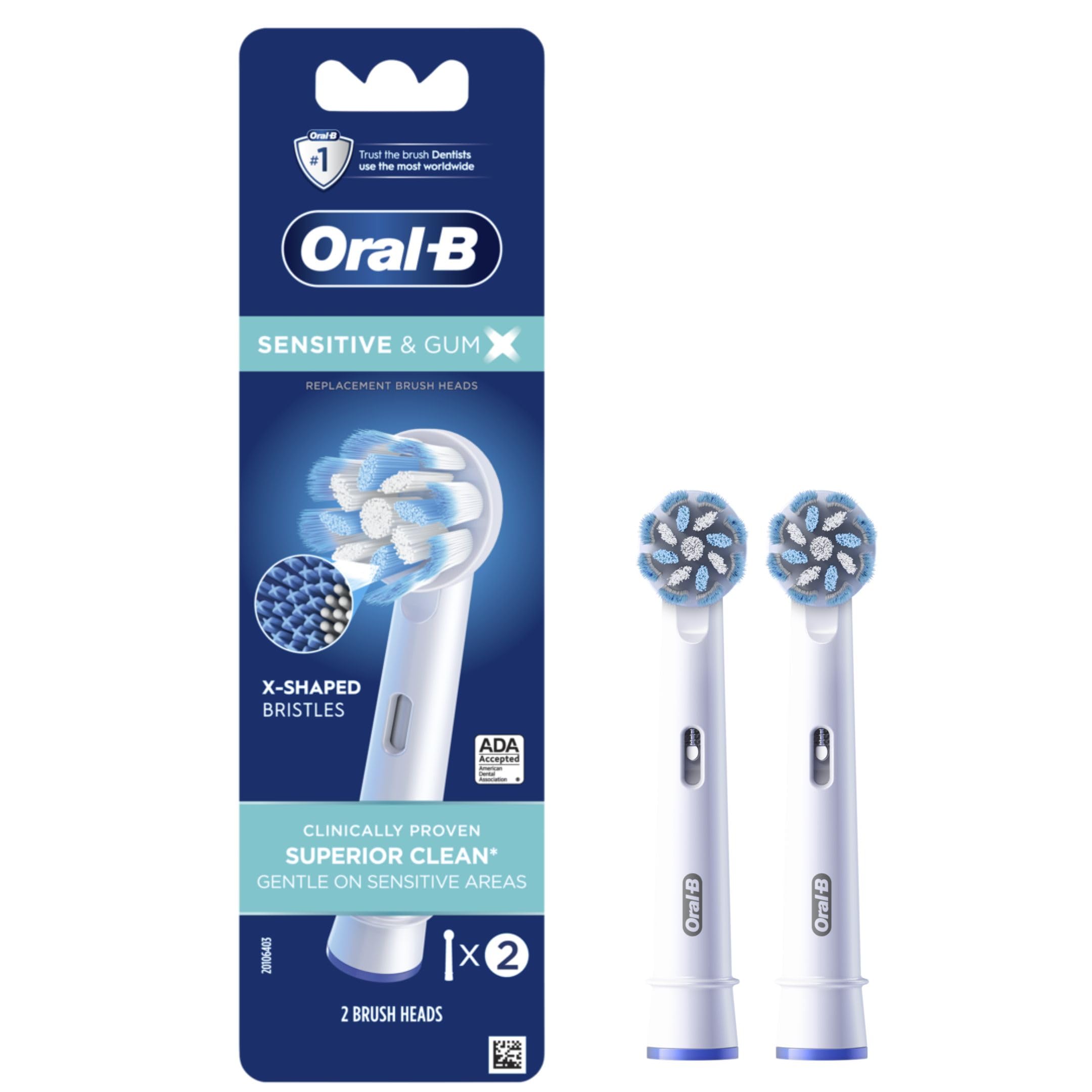 Oral-B Gum Care head closeup with ultrathin bristles for gentle gum cleaning.