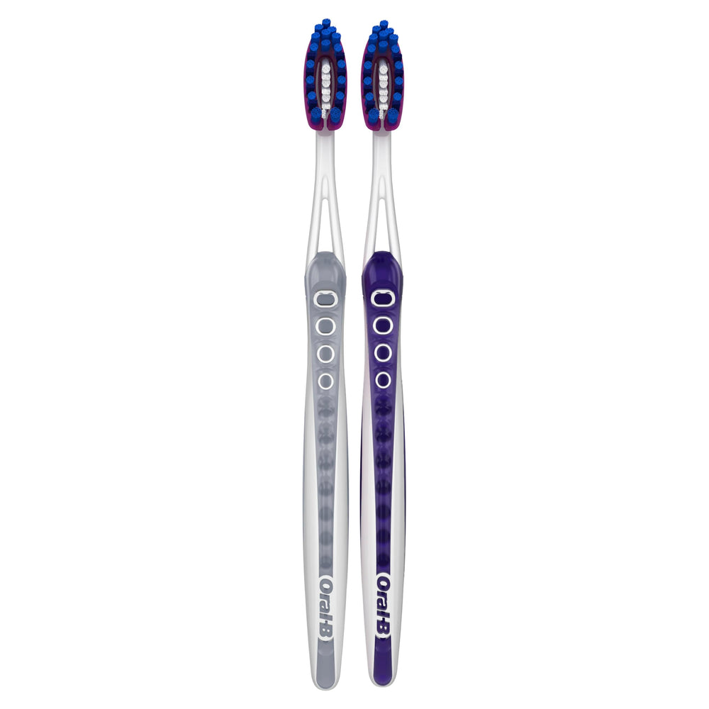 Oral-B medium bristle toothbrush handle design for comfortable brushing sessions.