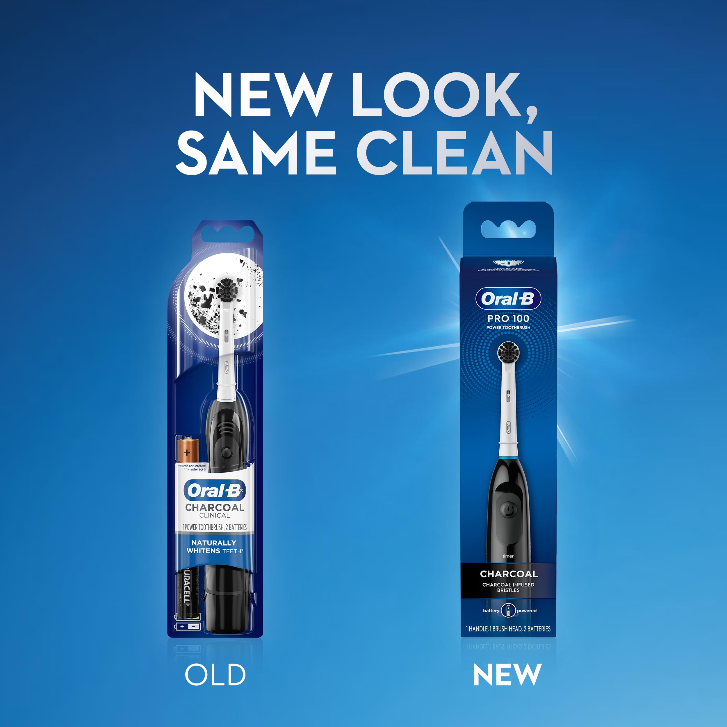 Included items show batteries and setup for immediate brushing readiness.