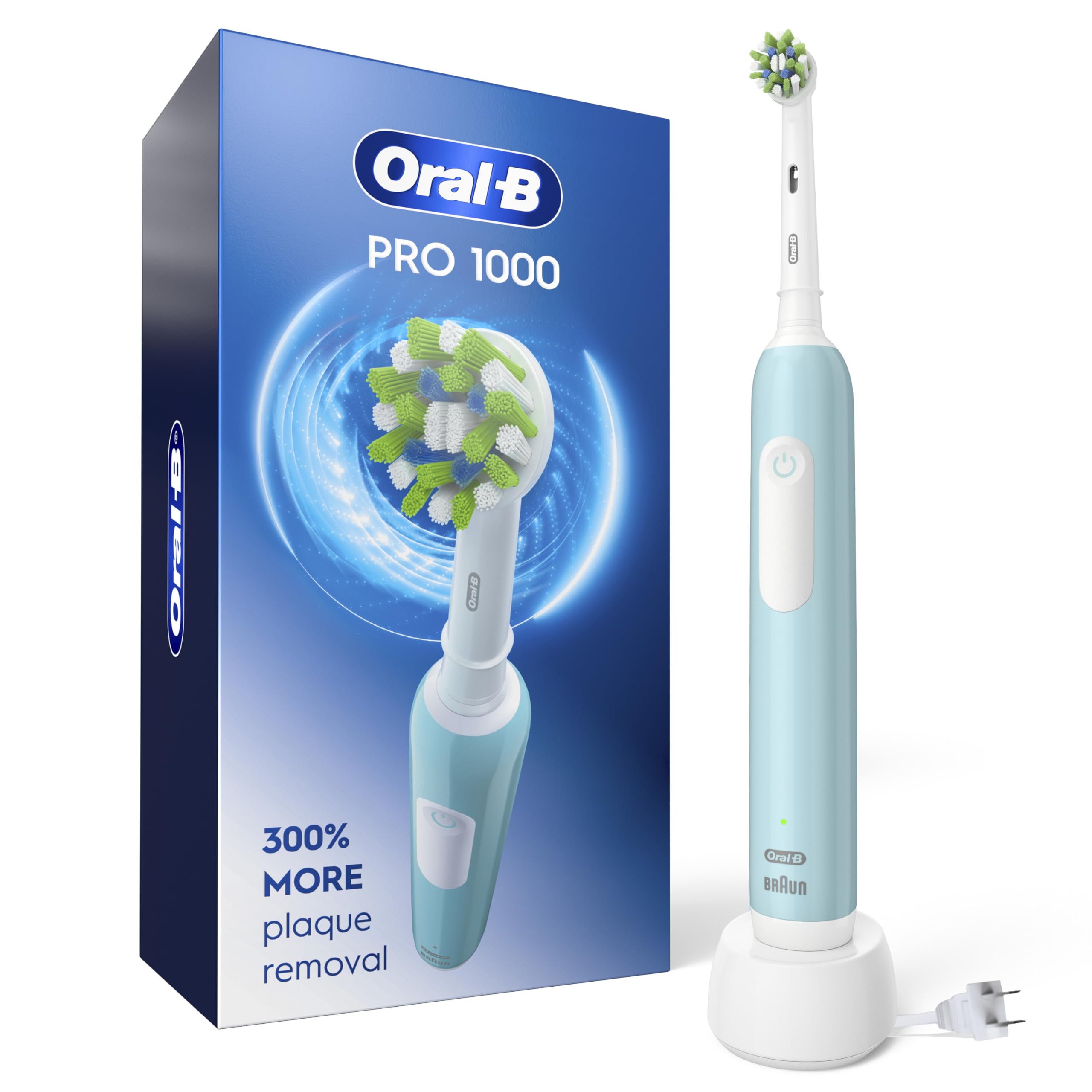 Oral-B Pro 1000 CrossAction toothbrush with green handle for a deeper gumline clean