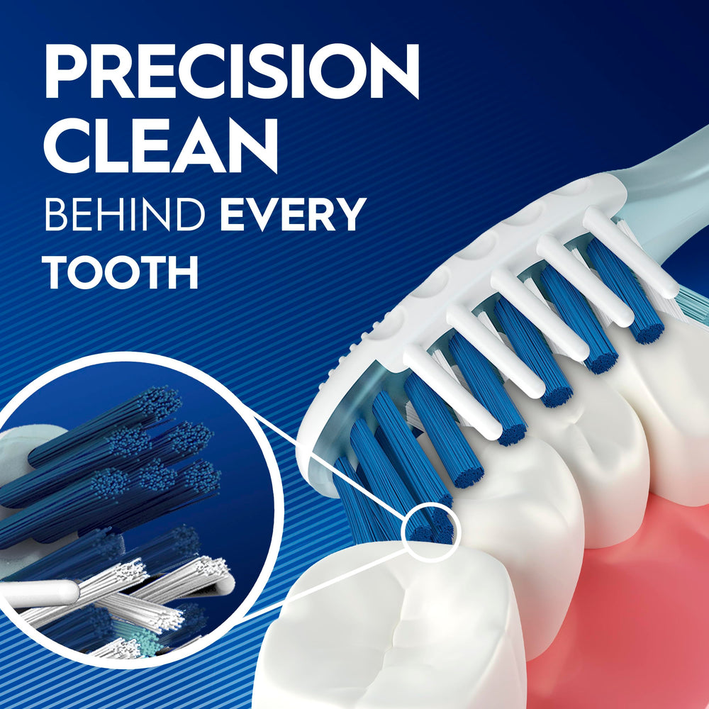 Oral-B Pro Health CrossAction bristles angled to lift plaque in tight spaces.