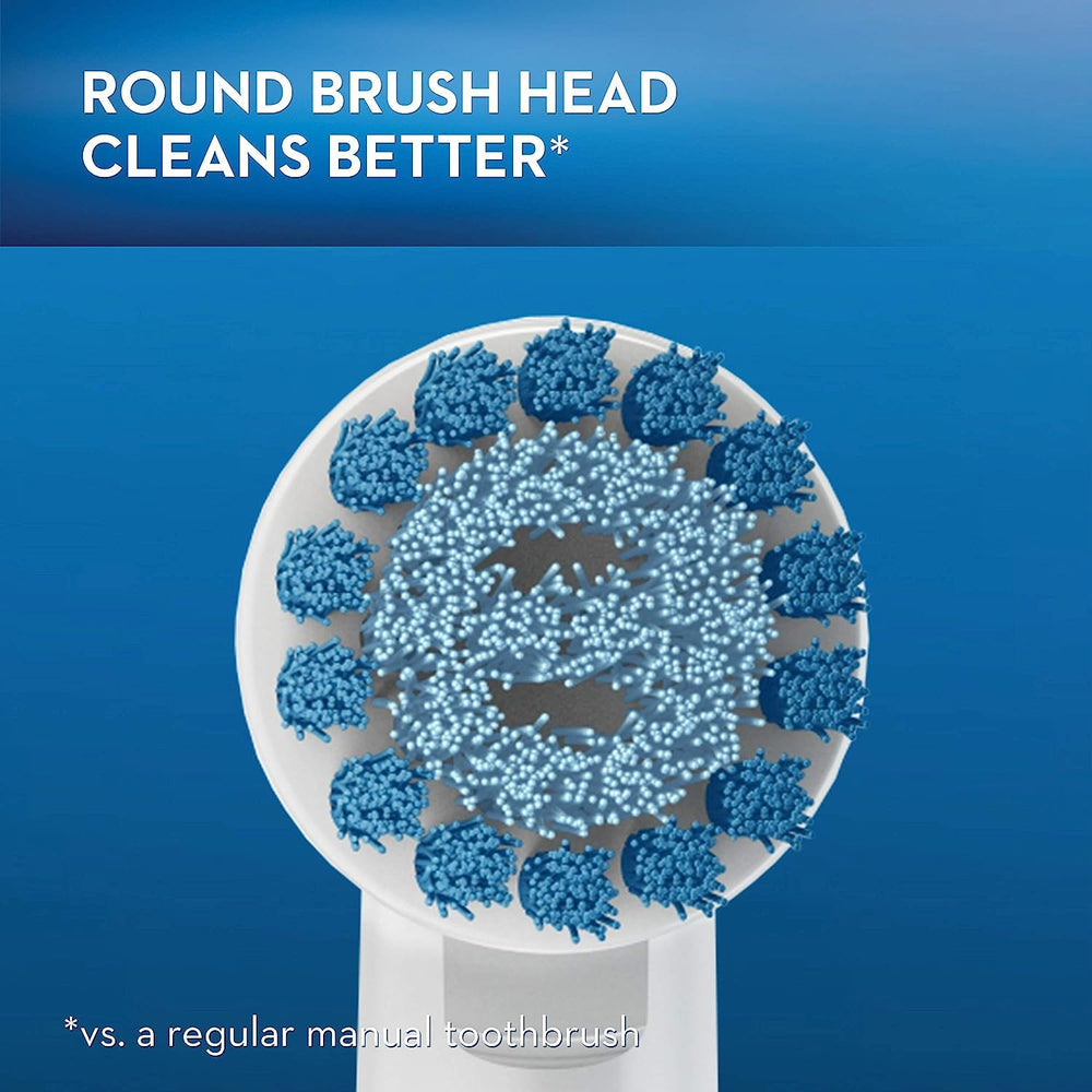 Oral-B round head design inspired by dental tools for thorough tooth-by-tooth cleaning.
