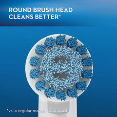 Oral-B round head design inspired by dental tools for thorough tooth-by-tooth cleaning.