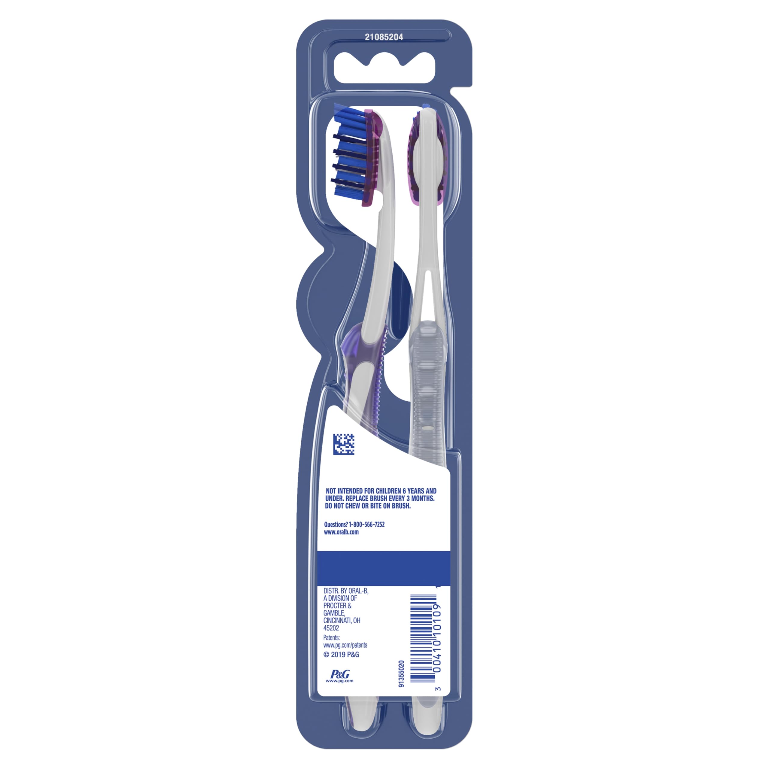 Oral-B stain eraser bristles in action against surface stains near front teeth.
