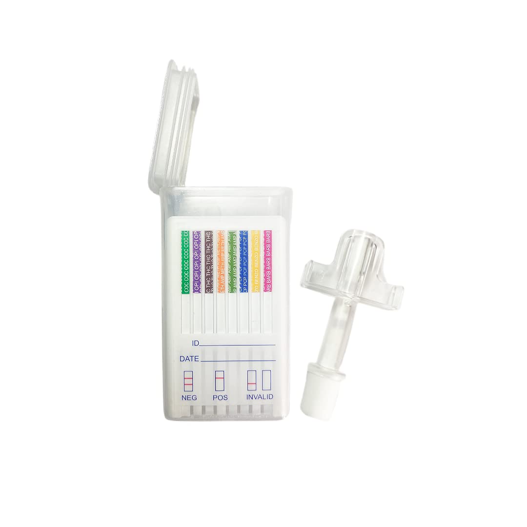Oral Cube 5-panel test strip shown in use for quick at-home screening.