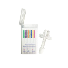 Oral Cube 5-panel test strip shown in use for quick at-home screening.