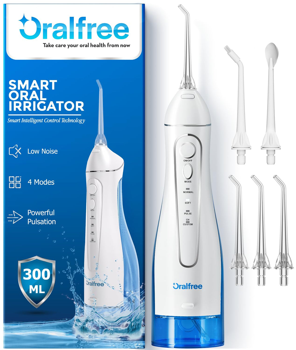 Oralfree Water Dental Flosser front view, compact and travel-ready for daily cleaning