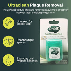 OraMD floss in action removing plaque between teeth to support gum health.
