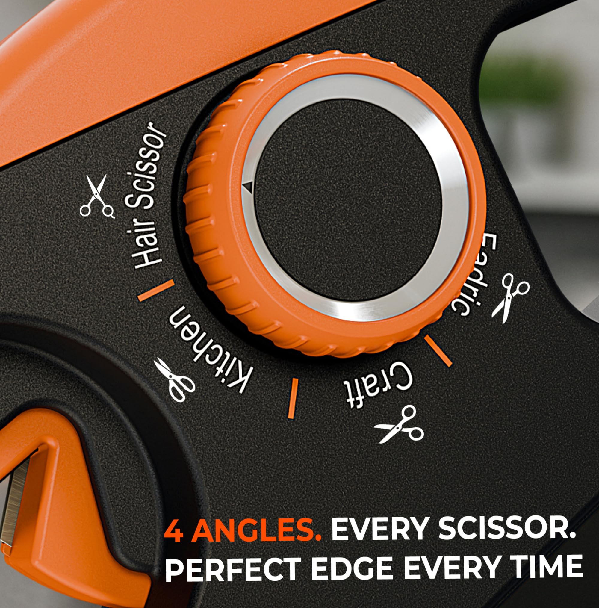 Orange Ninja Sharpener compatible with all scissor types from kitchen to fabric