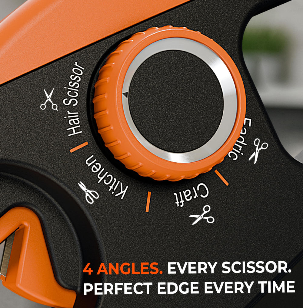 Orange Ninja Sharpener compatible with all scissor types from kitchen to fabric
