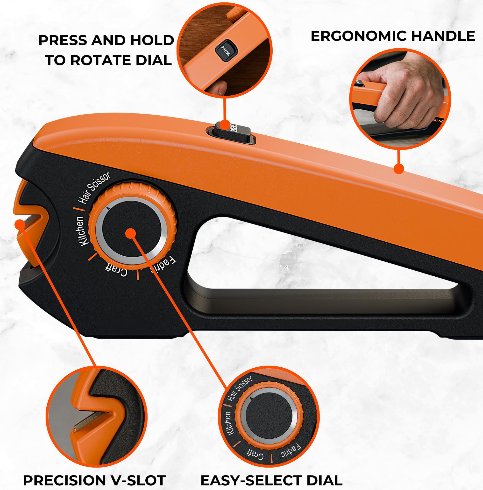 Compact Orange Ninja Sharpener suitable for kitchen, sewing table, and workshop