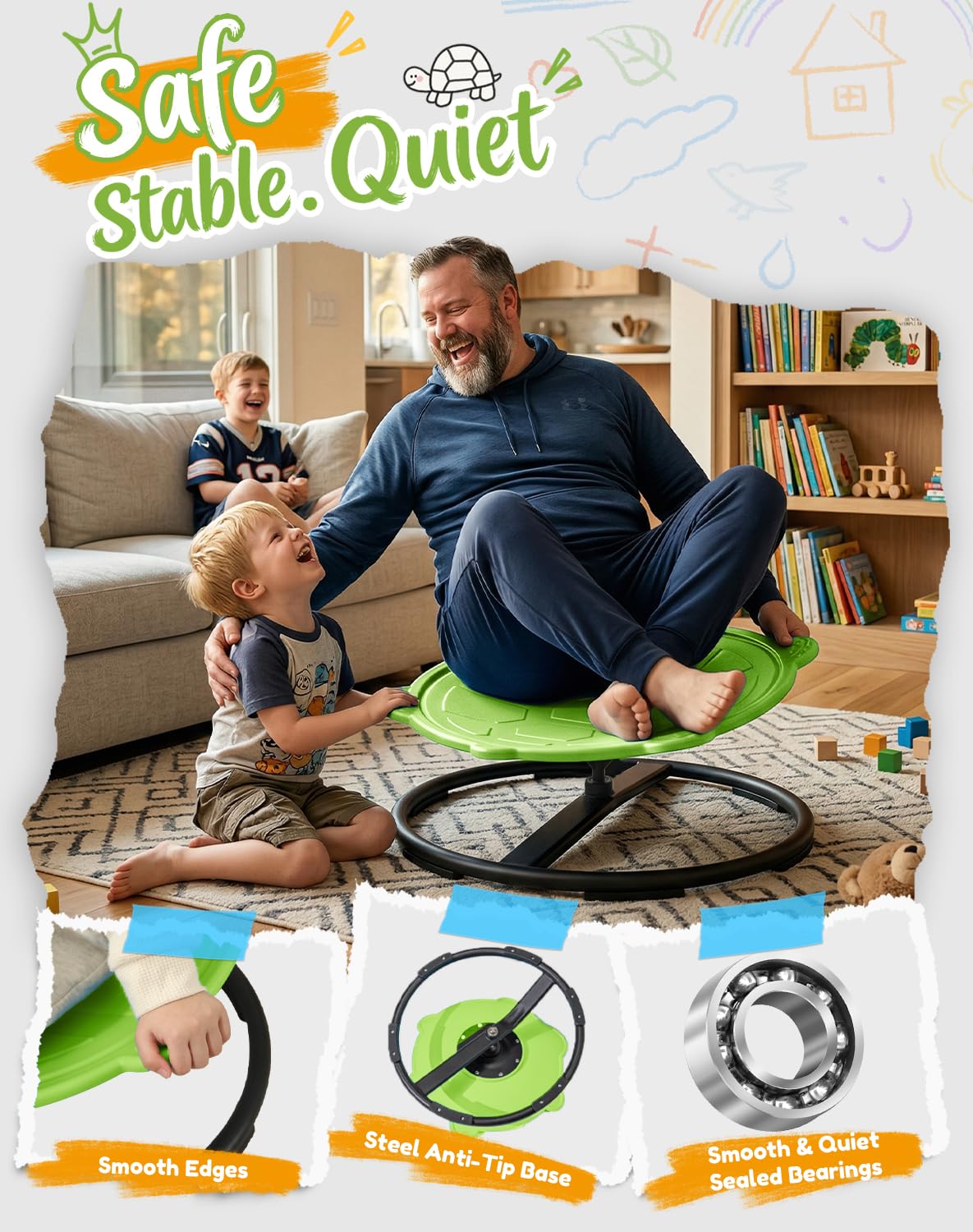 Oranmew turtle chair floor-safe base with rubber feet protects floors.
