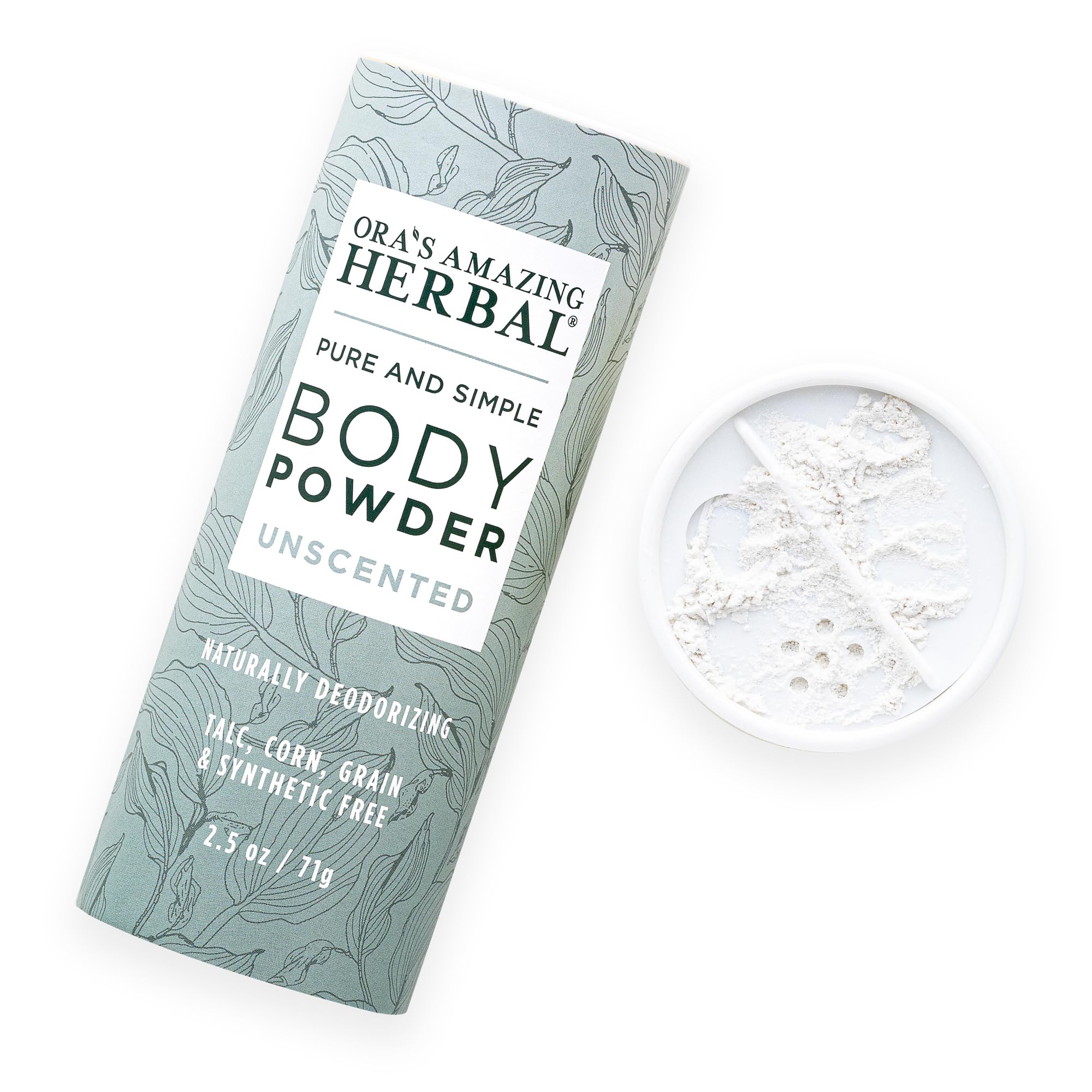 Ora's Amazing Herbal fragrance-free powder bottle with a fragrance-free formula for sensitive skin