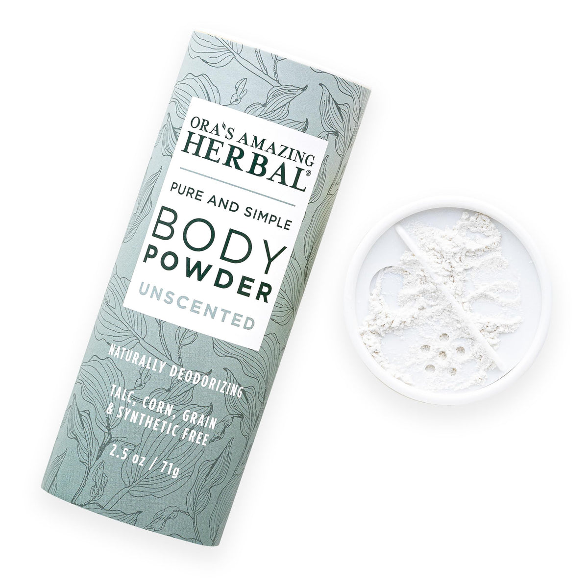 Ora's Amazing Herbal fragrance-free powder bottle with a fragrance-free formula for sensitive skin