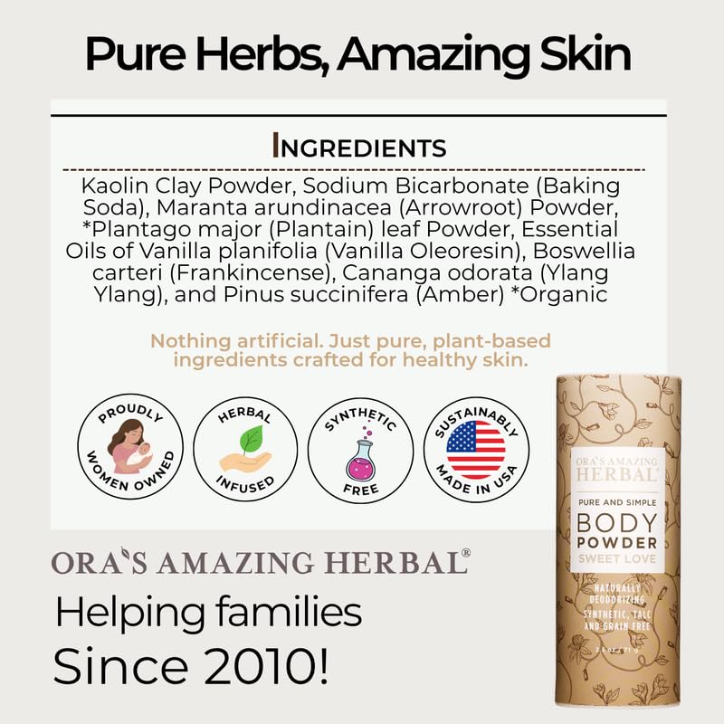 After-shower use of Ora's Amazing Herbal Sweet Love body powder for silky skin