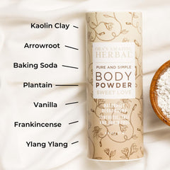 Ingredients arrowroot and kaolin in Sweet Love body powder for gentle moisture absorption