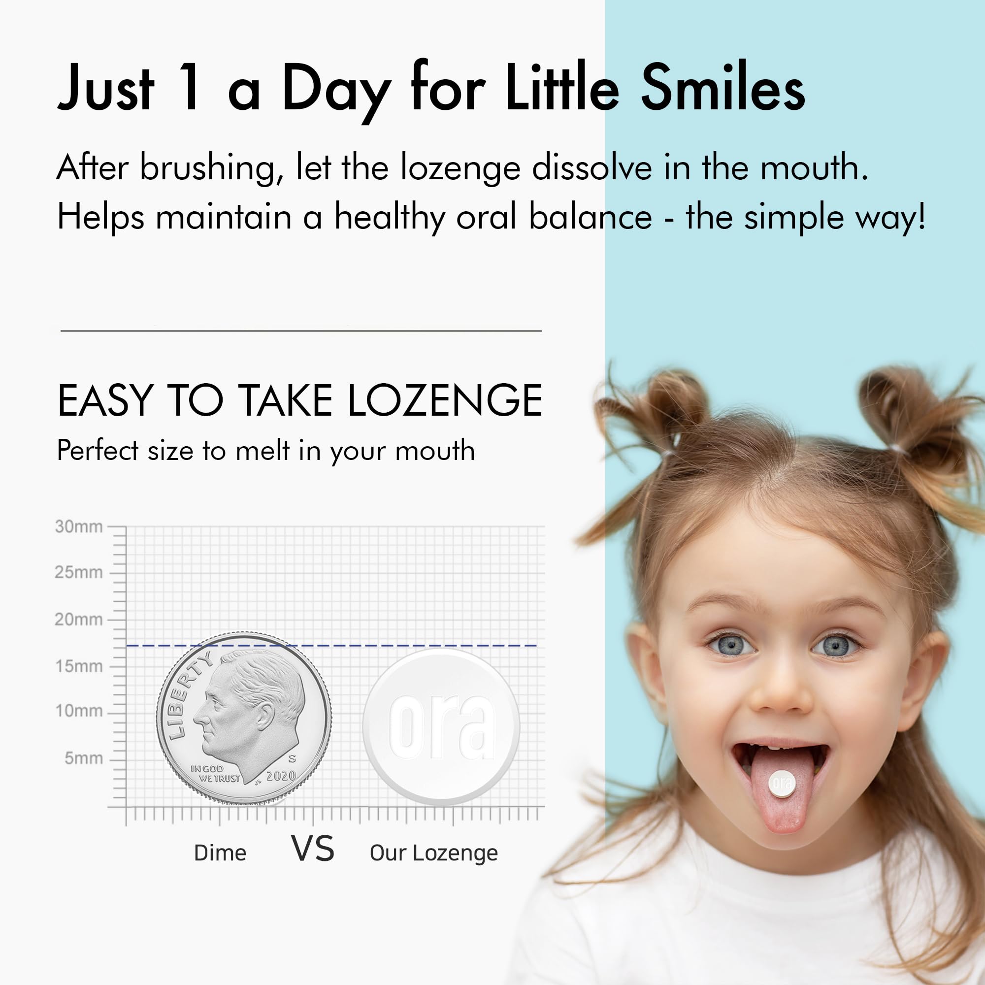 OraTicx Kids Dental Probiotics after-brush scene suggests fresh breath potential.